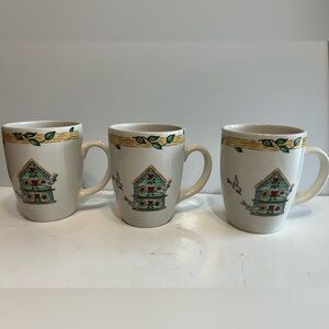 Thomson Pottery BIRDHOUSE Set Of 3 Stoneware Coffee Tea Cups Mugs